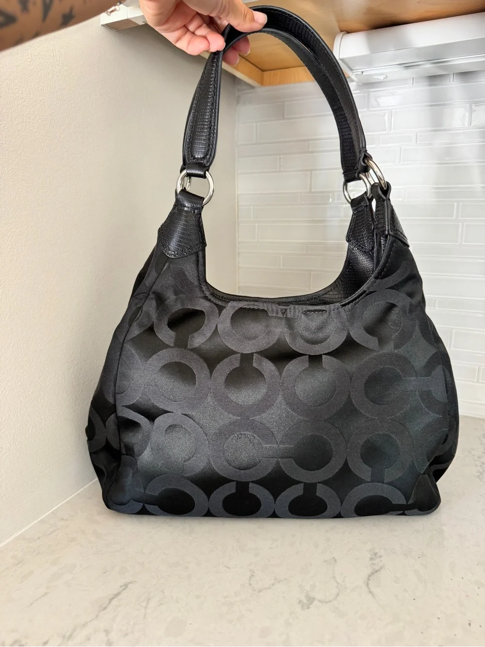 Coach Black Signature Jacquard Hobo Shoulder Bag with Silver Hardware